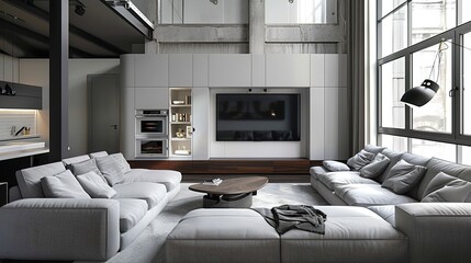 Minimalist style interior design of modern luxurious living room with fireplace and concrete walls. 
