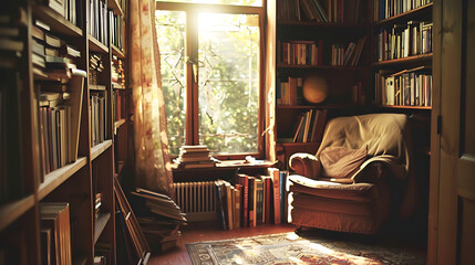 A cozy reading nook tucked away in a corner of a sunlit room, with shelves filled with books and a comfortable armchair. - obrazy, fototapety, plakaty