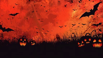 Foto op Plexiglas Pumpkins In Graveyard In The Spooky Night - Halloween Backdrop with scary bats flying © Stock