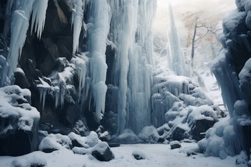 Frozen waterfall with icicles and snow-covered trees. - obrazy, fototapety, plakaty