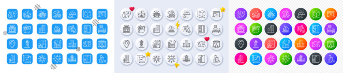 Arena, Market and Lighthouse line icons. Square, Gradient, Pin 3d buttons. AI, QA and map pin icons. Pack of Factory, Open door, Skyscraper buildings icon. Vector