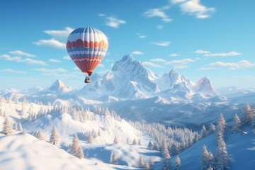 Fototapeta premium Winter hot air balloon ride over a snow-covered mountain range.