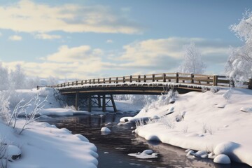 Winter bridge over a frozen river with snow-covered trees and hills.