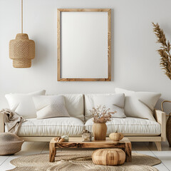 Wooden frame on a simple plain cream white wall