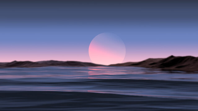 Planet on the horizon of waves and mountainous islands, fanastic nature landscape,wallpaper.3D render