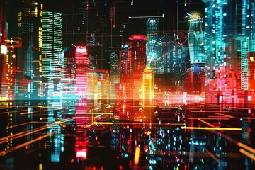 A futuristic city is lit up by neon lights, creating a striking and vibrant urban landscape. Generative AI