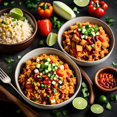 Two bowls of Mexican rice with bell peppers, tofu, kidney beans, tomatoes, corn, lime and scallion