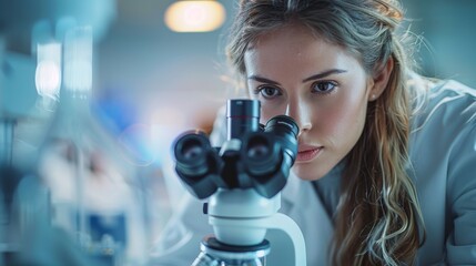 woman is looking through a microscope. She is wearing white lab coat and has long hair, research associate - obrazy, fototapety, plakaty