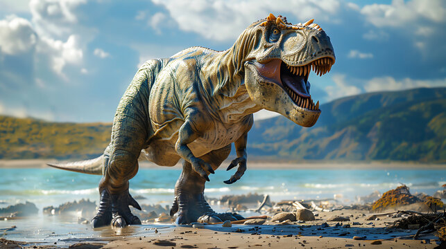海岸のティラノサウルス・レックス。スーパー・フォトリアル