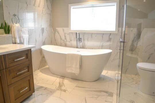 Modern bathroom with bathtub marble tiles