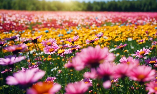 Move on to a picture of a field of colorful Daisies, with rows of these elegant flowers stretching as far as the eye can see. 8k