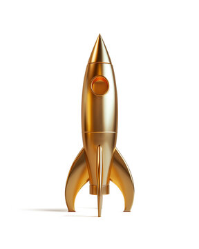 Golden rocket isolated on clear PNG background, made of precious metal. Successful start concept