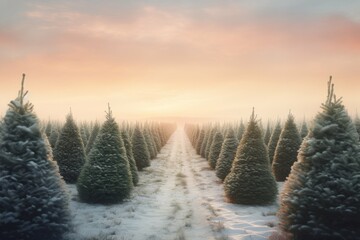 Fototapeta na wymiar Golden hour light on a snowy Christmas tree farm