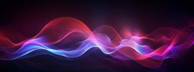 minimalist Synth wave red, blue, purple, sound waves against a black background radiating with bursts of energy from the waves