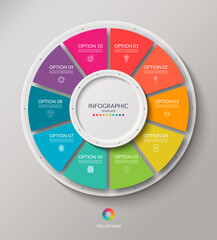 Vector infographic circle. Cycle diagram with 10 options. Round chart that can be used for report, business analytics, data visualization, presentation, brochure.