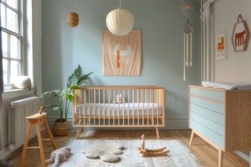 Scandinavian style nursery in pastel colors, natural wood furniture