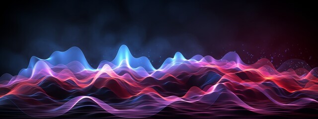 minimalist Synth wave red, blue, purple, sound waves against a black background radiating with bursts of energy from the waves - obrazy, fototapety, plakaty