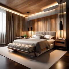 Elegant contemporary bedroom with natural wood accents and soft lighting. 