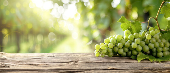 Sun-Kissed White Grapes on Vineyard Table, Cluster of ripe white grapes on an aged wooden table,...