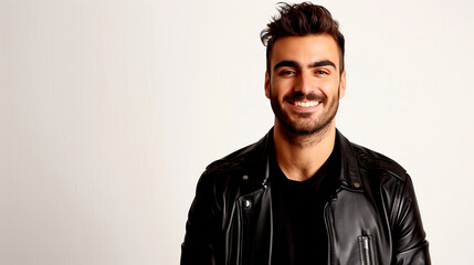 Naklejka premium Fashionable Elegant Man in a Black Leather Jacket Looking at the Camera