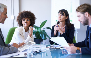 Business people, teamwork or documents with discussion in conference room for corporate planning or financial feedback. Professional, employees or collaboration in meeting with listening or diversity