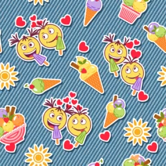 Fotobehang Funny seamless denim pattern with stickers with ice cream, crazy emoji love couple, sun icon, hearts. Detailed texture of blue jeans fabric on background. Summer design. © OA_Creation