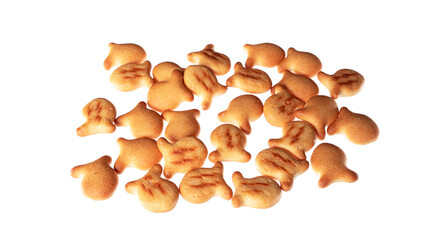 Goldfish cookies background. Closeup view of fish-shaped salted crackers. Small biscuits.