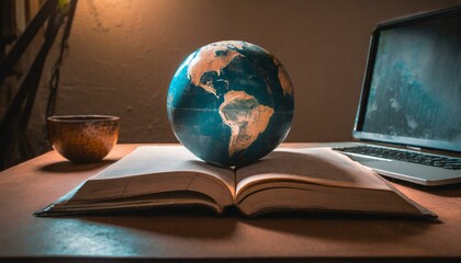 An open book with a world globe and surrounding books, in front of a laptop on a table