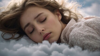 A girl sleeping among soft clouds, conveying the comfort and tranquility that a restful sleep provides.