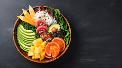 Hawaiian tuna poke bowl with orange slices, avocado, sesame seeds and cabbage isolated on dark blue wooden background, top view
