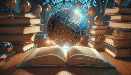 An open book with a world globe and surrounding books, in front of a laptop on a table