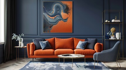 Orange sofa against concrete paneling wall. Minimalist, loft urban home interior design of modern living room