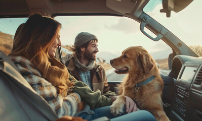 portrait of happy family with dog sitting in car, talking to each other while driving on road trip vacation