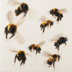 multiple bees in various flight positions, with their wings blurred to suggest rapid movement, against a white background