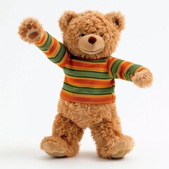 A teddy bear with a striped orange and green shirt, standing upright with one arm raised, also isolated against a white backdrop.