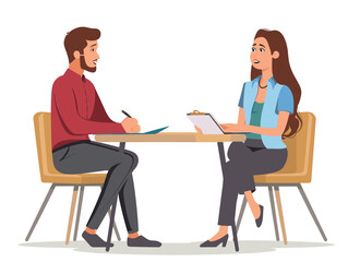  A human resources representative interviews a candidate for a job opening assessing their skills and experience. (Job interview) 