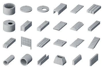 Reinforced concrete products isometric icon set. Set of reinforced concrete well ring, drainage tray, support cushion, road slab, precast core floor slab, piles, pipes, wall panels, purlins icons