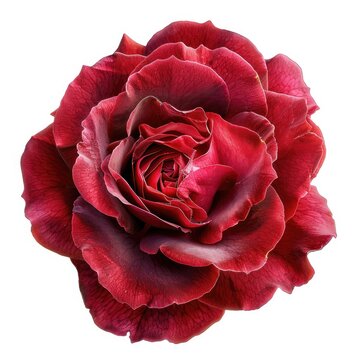 A detailed image of a red rose in full bloom, showcasing the layers of petals and deep velvety texture, isolated on a white background.
