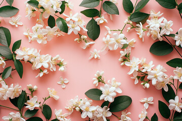 Beautiful White Jasmine Flowers on Pink Background, Top View, Flat Lay with Copy Space