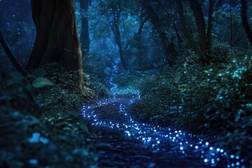 A mesmerizing photo of a forest path illuminated by a pathway of enchanting blue lights, A dark forest path lit by magical bioluminescent plants, AI Generated