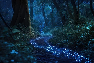 Foto op Canvas A mesmerizing photo of a forest path illuminated by a pathway of enchanting blue lights, A dark forest path lit by magical bioluminescent plants, AI Generated © Iftikhar alam