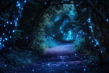 Obraz na płótnie Canvas A captivating photo capturing a forest path aglow with mesmerizing blue lights, creating a stunning visual spectacle in nature, A dark forest path lit by magical bioluminescent plants, AI Generated