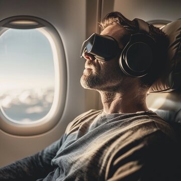  The man is sitting on a plane wearing a sleeping mask and headphones 