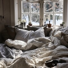  Cozy bed with monochrome bedding.