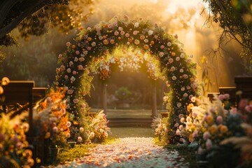 Outdoor location wedding ceremony set amidst blooming flowers and lush greenery. - obrazy, fototapety, plakaty