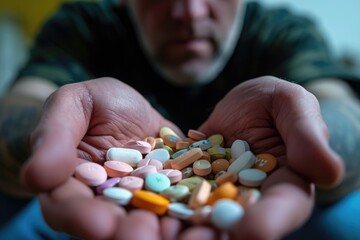 A man holds a handful of pills, representing health, medication, and the importance of proper drug use, A day in the life of a person addicted to prescription opioids, AI Generated - obrazy, fototapety, plakaty