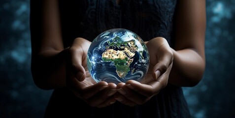 Women's hands hold the globe in a small form, image for earth day