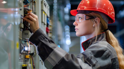 A diligent female electrician is captured fixing an industrial unit with focus and competence - obrazy, fototapety, plakaty