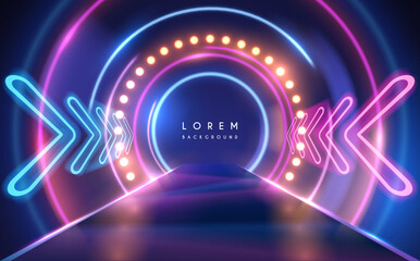 Neon lights tunnel with circle effects and lamps