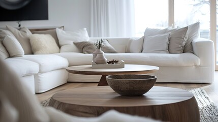 Fototapeta na wymiar Rustic round wood table near sofa with grey pillows. Scandinavian home interior design of modern luxurious living room.